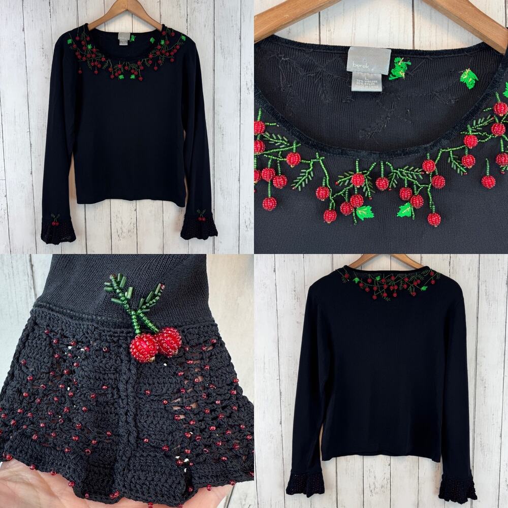 VTG Berek 3D Red Green Beaded Holly Berries Knit Flare Sleeve Sweater Size Large